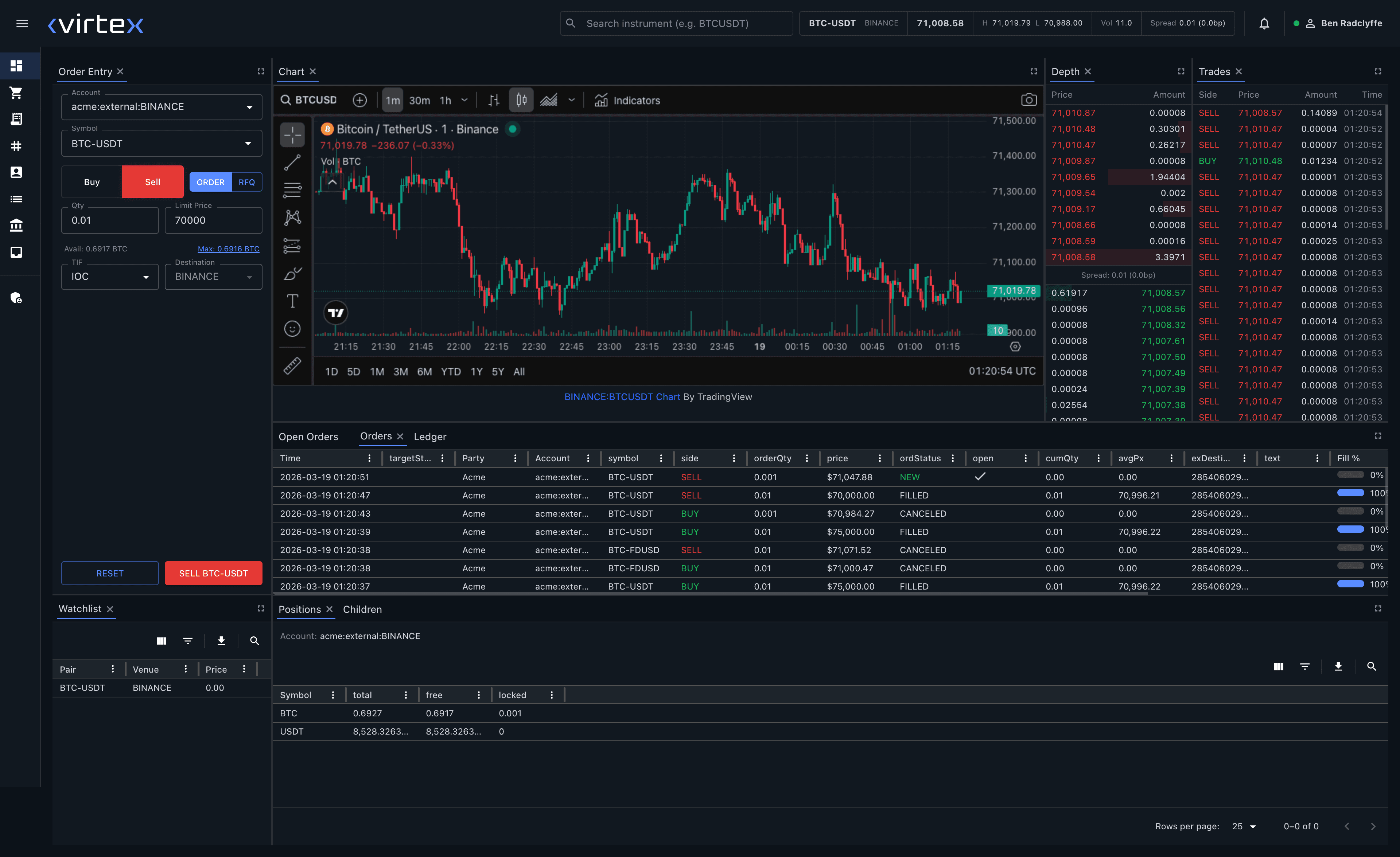 Virtex execution dashboard with order entry, charts, and order book